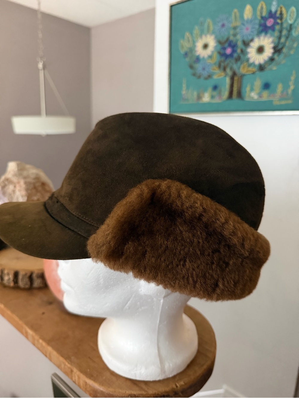 Unbranded Vintage Brown Suede Shearling Ear Flap Trapper Hat One Size